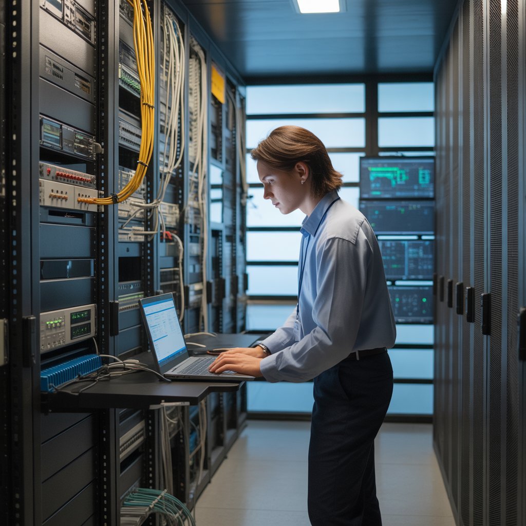 Administrateur réseau configurant des équipements dans une salle serveur professionnelle