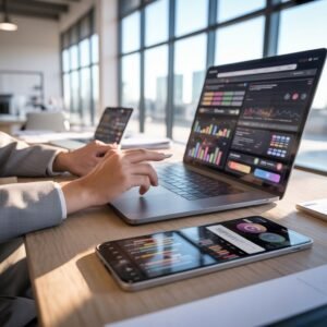 Personne travaillant sur une stratégie de marketing digital sur ordinateur portable dans un bureau moderne.