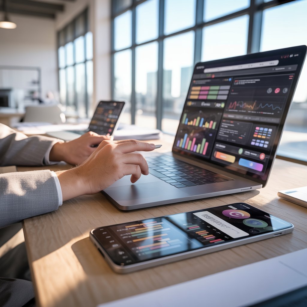 Personne travaillant sur une stratégie de marketing digital sur ordinateur portable dans un bureau moderne.