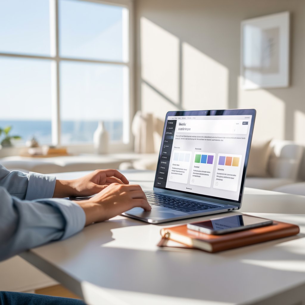 Personne travaillant sur la création d’un site web WordPress sur un ordinateur portable dans un bureau clair et moderne.