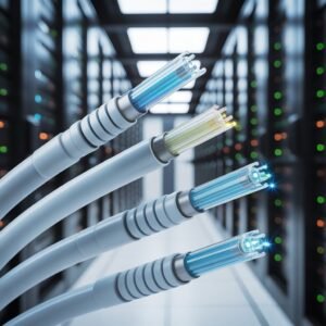 Câbles en fibre optique lumineux connectés à des équipements réseau dans un centre de données