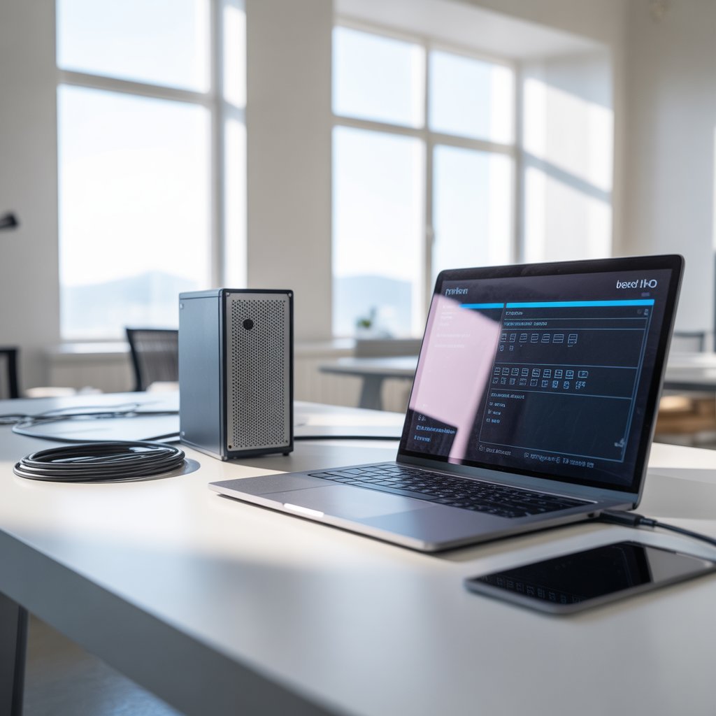 Ordinateur portable connecté à un serveur dans un bureau moderne pour illustrer l’hébergement web et le rôle du DNS.